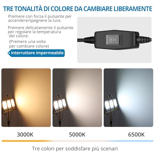 AUTOUTLET Construction Site Spotlight with Extendable Tripod, 3 x 100 W 27000 LM Rechargeable LED Headlight with 3 Colour Temperatures and 5 m Power Cable, IP66 Waterproof, for Garage Workshop and Outdoor