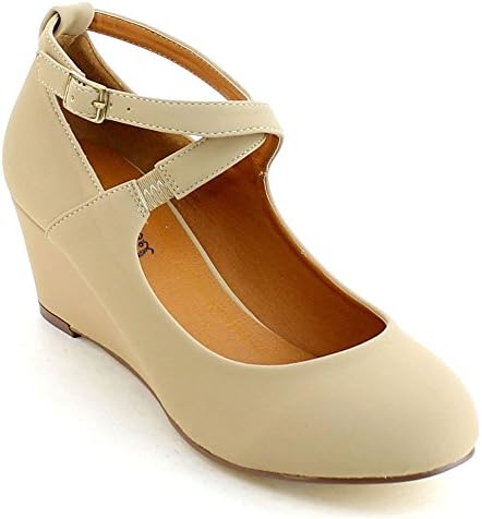 Bonnibel Debby-1 Women's Criss Cross Ankle Strap Wedge Pumps One Size Bigger,Natural,7.5