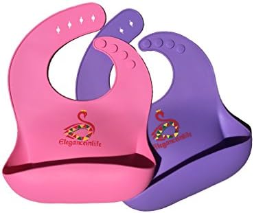 Baby Bibs Waterproof Silicone Soft Comfortable Keep Stains Off,Easily Rolls Up, Less Mess With WIDE Food Catcher Pocket (Pink / Purple)