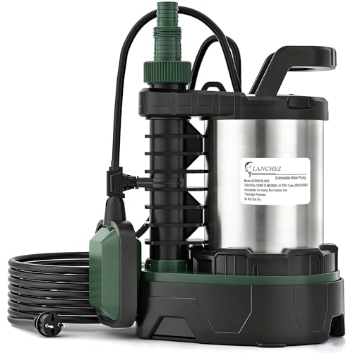 LANCHEZ Submersible pump 1000 W, 20,000 l/h flow rate, adjustable wastewater/clean water mode, delivery head 10.5 m, immersion depth 7 m, stainless steel, adjustable float switch, thermal protection