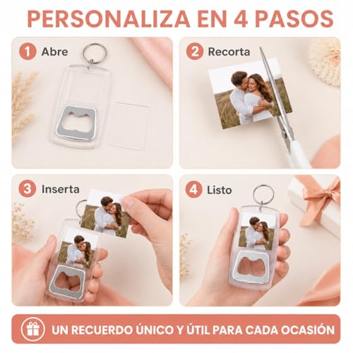 Llavero Destapador de Cerveza 50 Piezas, Destapadores para Recuerdos con Marco Acrílico para Foto 3.2 x 3.2 cm, Abridor de Botellas para Boda, XV Años, Bautizo, Cumpleaños, Fiestas y Eventos