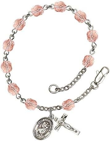 October Birth Month Bead Rosary Bracelet with Saint Christopher Petite Charm, 7 1/2 Inch