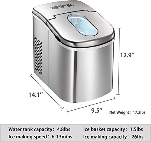 Countertop Ice Maker Machine,Portable Automatic Ice Maker,Ice Cubes Ready in 6 Mins,/1.5lbs Ice Storage,26lbs/24h,Ice Scoop and Basket,See-through Lid,LCD Display (Stainless Steel-2)