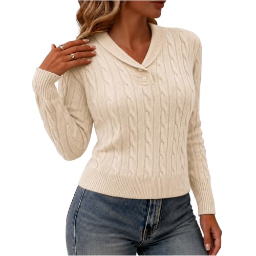 Women's Cable Knit Pullover Sweater Lapel Collar V Neck Long… at Amazon