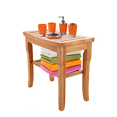 [ US STOCK ] Bamboo Bathroom Shower Bench Stool Bath Seat with Storage Shelf 2-Tier Luxury Spa Seat For Indoor Or Outdoorstools for bathroom (Brown)