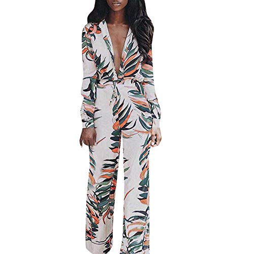 Jumpsuits for Women Solid V Neck Floral Leaf Long Pants Sparkly Capelet Clubwear Rompers Jumpsuit Bodysuit (XL, White)