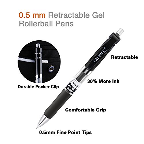 Tanmit Gel Pens Retractable Black Ink Rollerball Pens, Fine Point Ballpoint Writing Pen for Office - 0.5mm Tips with Comfort Grip (18-Pack)