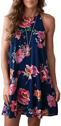 Feiersi Women Halter Neck Boho Print Sleeveless Casual Mini Beachwear Dress Sundress