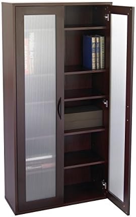 Mahogany Organizer Unit 29.75Wx11.75Dx59.5H in 75-inch furniture-grade laminate wood black handle 5 shelves adjustable in 2.5-in Storage Bookcase frosted ribbed Glass Doors