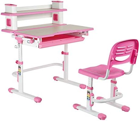 EFurnit Saturn Series Ergonomic Adjustable-Tiltable Study Desk & Chair Set with Book-Shelf For Kids, Pink, With a pulled-out compartmented storage drawer, Tiltable Wood Grain Desktop & Book Shelf