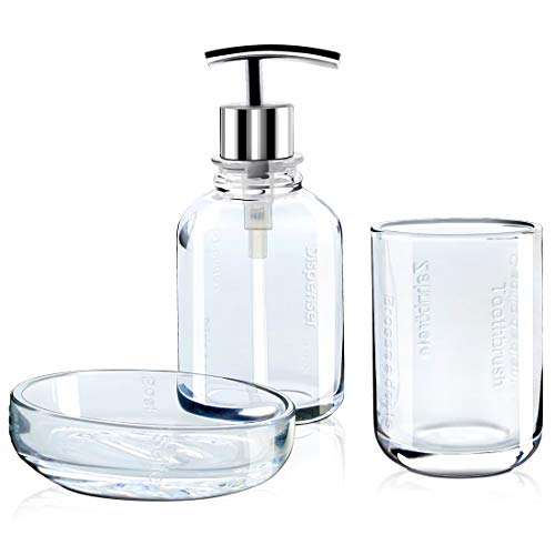 Satu Brown Bathroom Accessories Set 3 Pieces Include Soap Dispenser, Toothbrush Holder, Soap Dish Clear Glass Bathroom Set for Kitchen DÃ©cor and Home Gift
