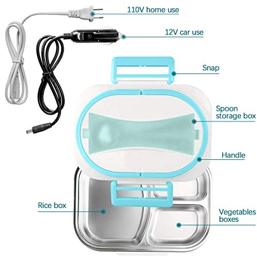Portable Food Warmer - 3 Compartments Electric Lunch Box - Stainless Steel Spoon Fork -110 12v Heated Lunch Box With Car Adapter - Insulated Leakproof Hot Lunch Containers For Adults Kid Truck Driver