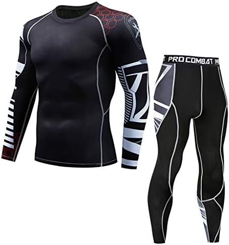 Rosennie Mens Quick Dry Fitness Compression Base Layer Skin Tights Long Sleeve Top and Pants Set