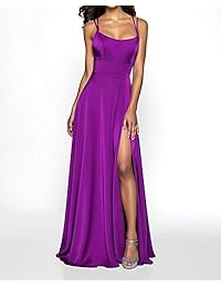 Vestido largo de satén con tiras de espaguetis y espalda cruzada para baile de graduación, vestido formal de noche con ranura alta UB73