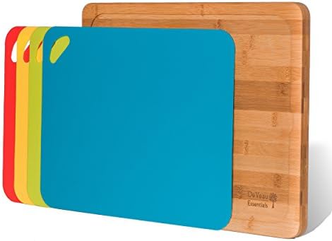 DeVeau Essentials Smart-Prep Cutting Boards with 1 Reversible Bamboo Chopping Board and 4 Fitted Colorful Flexible Plastic Cutting Mats