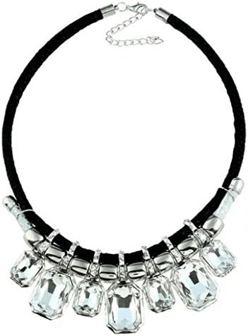 Deamyth Crystal Collar Beaded Pomegranate Leather Pendant Chunky Necklace (Silver)