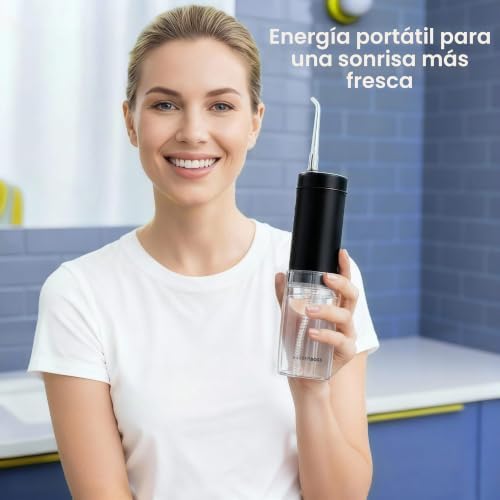 Irrigador Oral Portátil, sem fios para viagens, 3 níveis de pressão, 6 bicos, depósito telescópico de água IPX8, recarregável USB, QR-7112 (preto)