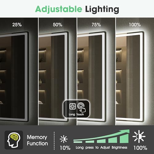 S'bagno Bluetooth-Mirror-Bathroom-with-Light-LED-100 x 70 cm, Mirror-Bathroom-LED-Anti-Fog, 3000K-6500K, Dimmable, Memory, Tempered Glass HD, IP44-Mirror-Backlit-Bathroom, Horizontal/Vertical