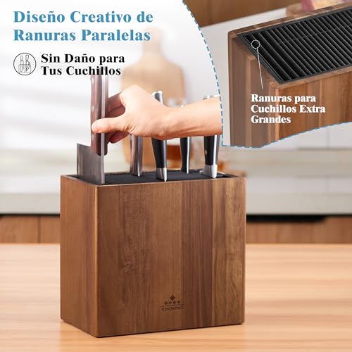 ENOKING Acacia Wood Kitchen Knife Holder, Universal Kitchen Knife Holder with Plastic Lid, Knife Holder for Knives and Scissors/Sharpening Rod