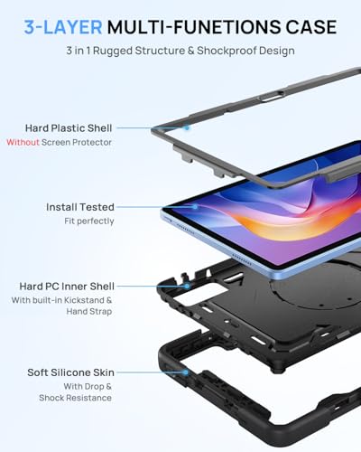 Gerutek Shockproof Case for Xiaomi Redmi Pad 2 11 Inch 2025 / Redmi Pad SE 11 Inch 2023, Rugged 3 Layer Structure Case with 360° Rotating Stand Hand Strap and Lanyard Holder Pen Holder Black