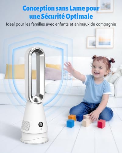2026 Bladeless Fan, Column Fan with Remote Control, 8 Speeds Silent Bedroom Fan and 2 Modes, 90° + 30° Oscillation, 9H Timer, LED Screen, Tower Fan for Living Room & Office