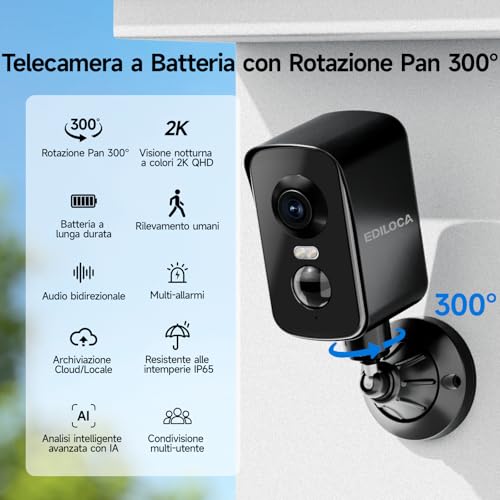 WiFi Camera Indoor/Outdoor, Surveillance Camera 2K 3MP Wireless Rechargeable Battery, 300° Rotation, Human PIR Detection, Color Night Vision, Waterproof IP65-Black