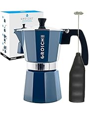 GROSCHE Milano Stove top espresso maker (6 espresso cup size 9.3 oz) Blue, and battery operated milk frother bundle for lattes