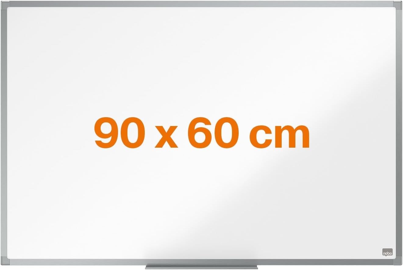 Nobo Steel Magnetic Whiteboard, 900 x 600mm, Aluminium Trim, Corner Wall Mounting, Includes Whiteboard Pen Tray, Essence Range, 90 x 60cm, White, 1905210