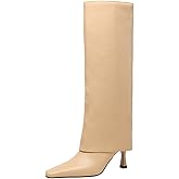 Goolita Women's Stiletto Heel Knee High Boots Square Toe Slip On Fold Over Boots For Women Leather Comfortable Dress Tall Boots