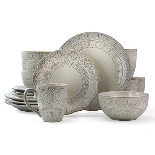 Elama Elegant Round Embossed Stoneware High Class Dinnerware Dish Set