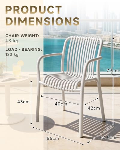 HariNorgen Set of 4 Outdoor Indoor Dining Chairs, Heavy Duty Stackable Patio Seating,Weatherproof & UV Resistant Plastic Armchairs for Garden,Balcony and Terrace, Pre-Assembled, White