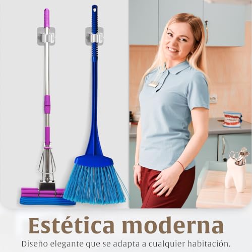 CJSME® ️ Broom and Mop Hanger without Drill: Pack of 4 Brooms and Mops Holder Adhesive Organizer – Easy Installation and Space Saving.