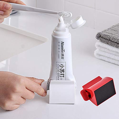 ONDY 2PCS Rolling Tube Toothpaste Squeezer,Heavy-Duty Toothpaste Dispenser with Rubber Pad Multi-Function Squeezer for Cleansing Foam,Hair Gel,Cosmetic Samples,Ointments (Red and White)
