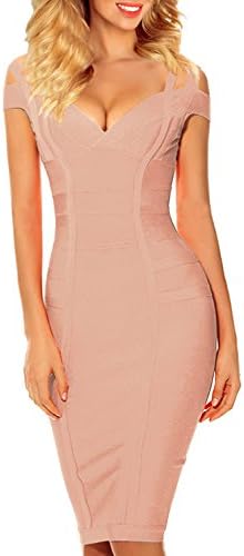 Beateen Women's V Neck Off Shoulder Knee Length Bandage Cocktail Dresses Sexy Elegant BT12652-1 (L, Apricot Pink)