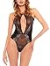 Black Fuchsia Women's Lace Accent Fishnet Mesh Keyhole Teddy Thong Bodysuit
