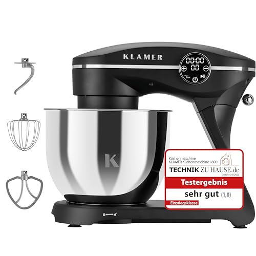 KLAMER Küchenmaschine 1800W, Knetmaschine Brotteig mit 6L Edelstahlschüssel