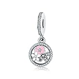 BAMOER New Arrival 925 Sterling Silver Magnolia Bloom Pale Cerise Enamel Beads For Women Bracelet (Three Flowers Charm)