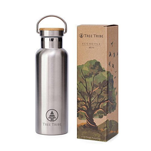 Tree Tribe Stainless Steel Water Bottle 16 oz - Indestructible, BPA Free, 100% Leak Proof, Eco Friendly, Double Wall Insulated Technology for Hot and Cold Drinks, Wide Mouth, Bamboo Cap