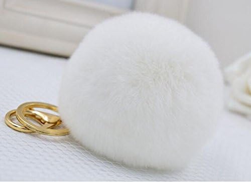 Cy3Lf Gold Plated Fluffy Faux Rabbit Fur Ball Key Ring Chain Keychain for Handbag Wallet Purse Car Key (White)