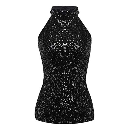 Usstore  Women Sequins High Neck Tank Tops Sexy Fashion Shimmer Flashy Embellished Sparkle Nightclub Dance Vest (Free Size, Black)