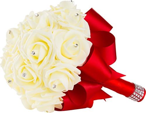 Handmade Wedding Bouquet with Ivory Flowers and Red Ribbon and Handle by WorldofWeddings - Artificial Ivory Foam Rose Bridal Bouquet for Weddings