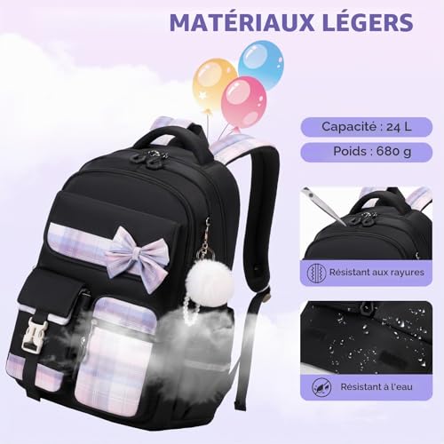 Tanou Girls Primary School Bag, Waterproof Daypack School Backpack for Teens, Kawaii Checked School Bag for Girls 9-16 Years Old for Travel