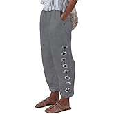 LOVESHOOT Women Linen Pants Summer 2026 High Drawstring Elastic Waist Daisy Embroidery Comfy Gauze Slacks Lightweight Casual Loose Trousers with Pockets Light Grey Floral Embroidery Size L
