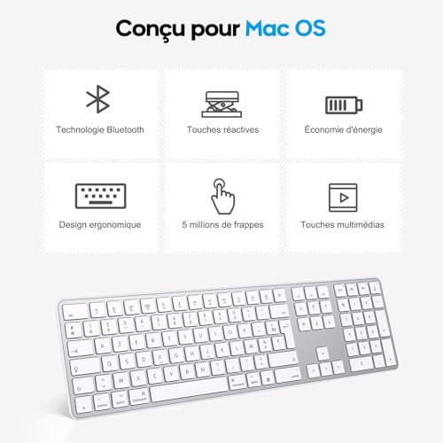 OMOTON Wireless Bluetooth Keyboard for Mac, Rechargeable French AZERTY Keyboard Multi-Device with 3 Bluetooth Channels for Apple MacBook Pro/Air, Mac Pro/Mini, iMac, Silver