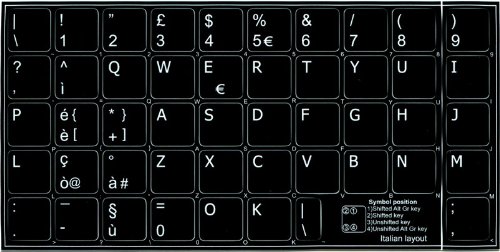 ITALIAN NON-TRANSPARENT KEYBOARD DECALS BLACK OR WHITE BACKGROUND (15x15) FOR DESKTOP, LAPTOP AND NOTEBOOK (Black Background)
