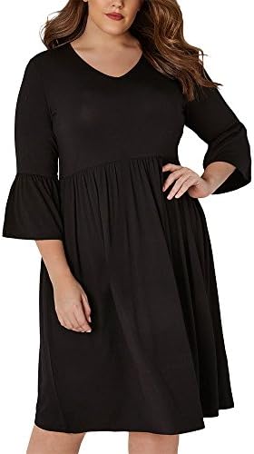 Ancapell Women's Plus Size Casual T-Shirt Midi Dress 3/4 Flare Sleeve Solid Knee Length Jersey Dress for Women