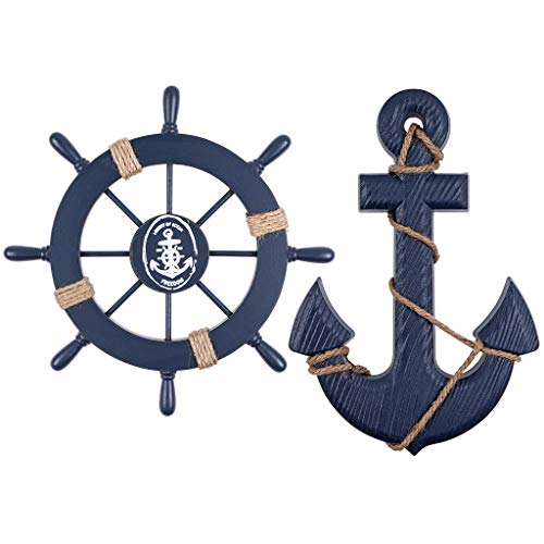 MDLUU-Wooden-Ship-Wheel-Wood-Anchor-Decor-11-Ship-Rudder-Decor-13-Anchor-Wall-Hanging-Ornament-for-Mediterranean-Nautical-Room-Party-Decor-Pack-of-2-Navy-Blue MDLUU Wooden Ship Wheel, Wood Anchor Decor, 11" Ship Rudder Decor, 13" Anchor Wall Hanging Ornament for Mediterranean Nautical Room, Party Decor, Pack of 2 (Navy Blue)