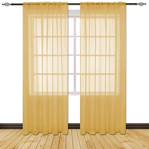 HOLKING Sheer Window Cutains for Bedroom-Rod Pocket Sheer Curtains 95 inch for Living Room, 2 Panels Gold Sheer Voile Curtains Each is 52 inch Width by 95 inch Length