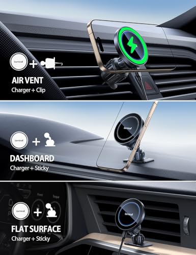 Lamicall 15W for Magsafe Car Mount Charger - [3-in-1 Upgraded Intelligent Chip] 360° Wireless Car Phone Holder Charger Vent Dashboard Magnetic Phone Holders for iPhone 17 Pro Max, Air, 16 15 Pro Max