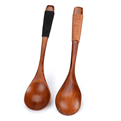 image for Qisc Natural Wooden Spoon, Japanese Style Wire Wrapped Handle Tea Spoo